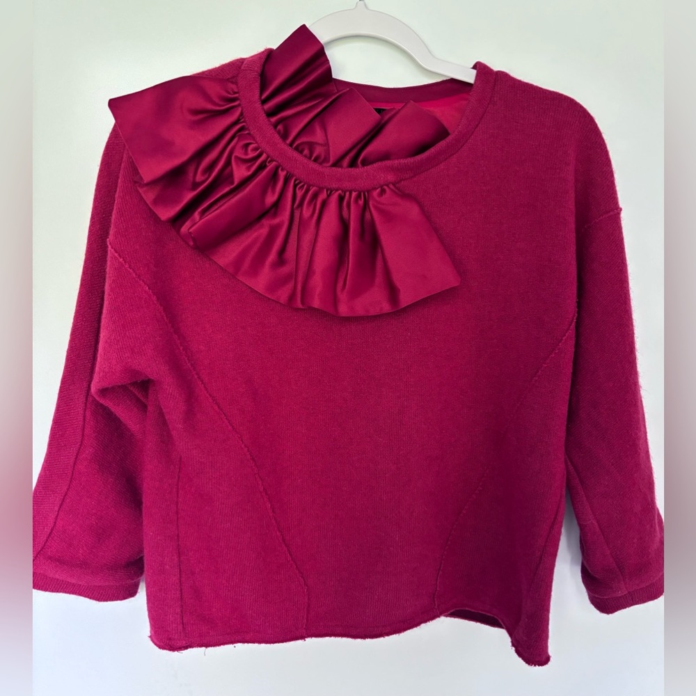 Beautiful unique wool Top in deep Red with Satin Ruffle
